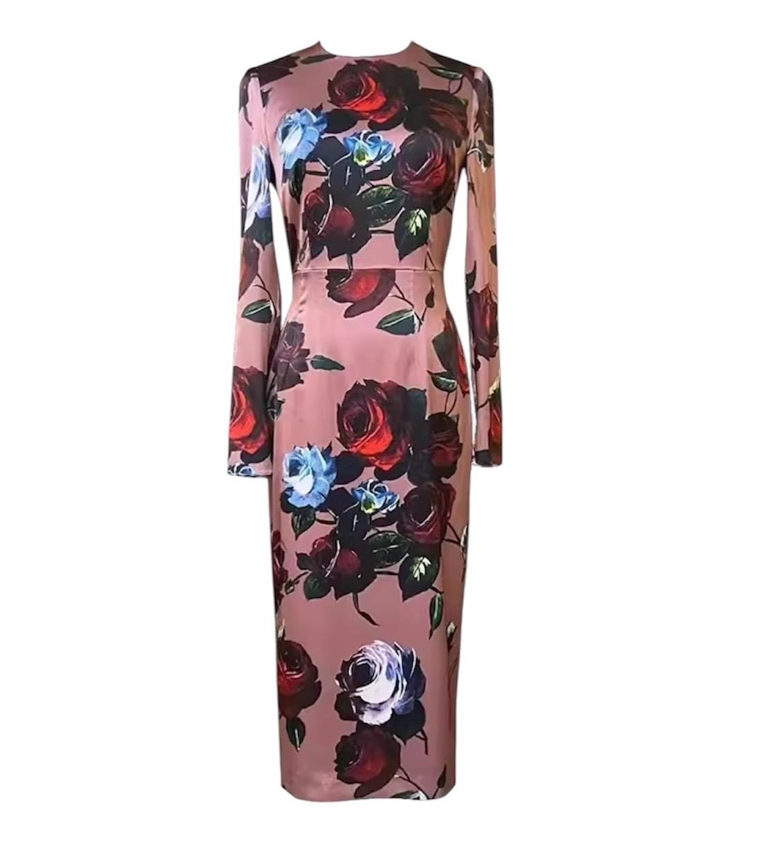 Italian Luxury Designer Floral Long Sleeve Pure Silk Midi Dress