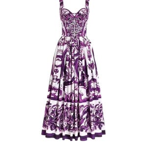 Handmade Italian Tiles Majolica print 100% cotton dress purple, Porcelain Sicilian Dress, Mosaic Dress, Italian Summer Dress, Dolce Vita