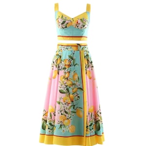 Handmade Italian Tiles Style Positano Lemon Dress Set Crop Top and Skirt