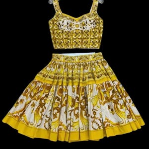 Italian designer Majolica style dress set, skirt and top 100% cotton Yellow colors