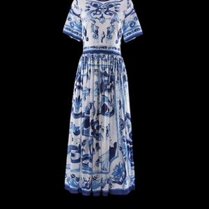 Italian Luxury Blue Tiles Majolica shirt sleeve dress silk dress