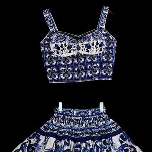 Italian designer Majolica style dress set, skirt and top 100% cotton