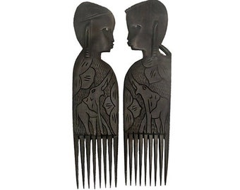 African Figural Combs Hand Carved Ebony Comb Picks African Collectibles Ebony Hand Carved Comb Picks African Carved Wood Combs