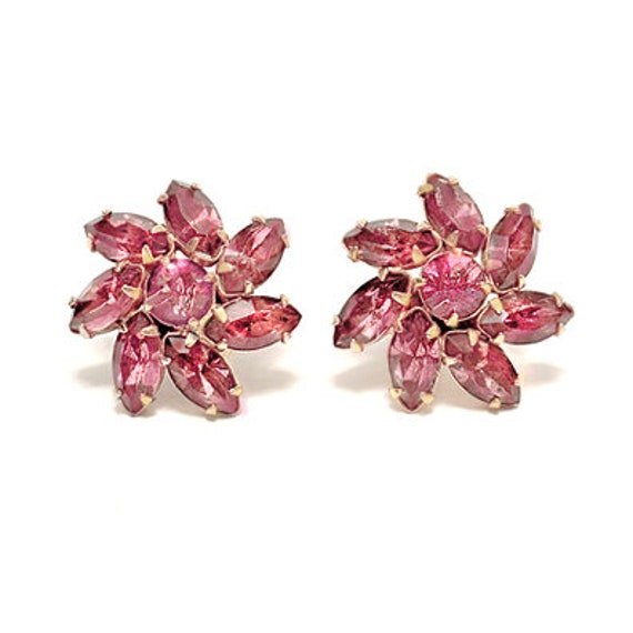 Vintage Pink Rhinestone Earrings Vintage Screw Ba… - image 1