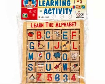 Nuevos alfabetos e imágenes Vintage, juguete de aprendizaje, alfabeto de madera Vintage, juguete preescolar Vintage de aprendizaje giratorio