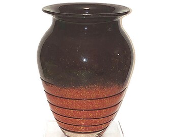 Vintage 7 1/4" Art Glass Vase Murano Style Art Glass Vase Brown and Orange Speckled With Applied Swirl Vintage Vases