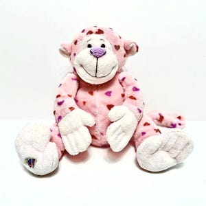 May include: A pink plush monkey with red and purple heart patterns. The monkey has white hands and feet, a white face, and a purple nose. The monkey is sitting with its legs spread out.