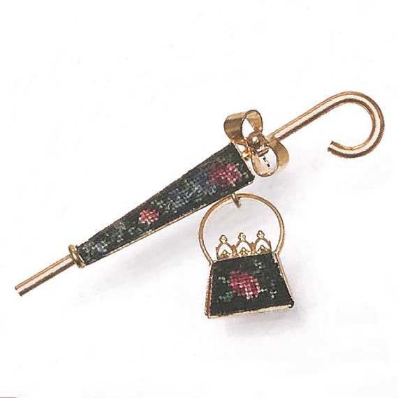 Vintage Embroidered Petit Point Umbrella Brooch U… - image 1