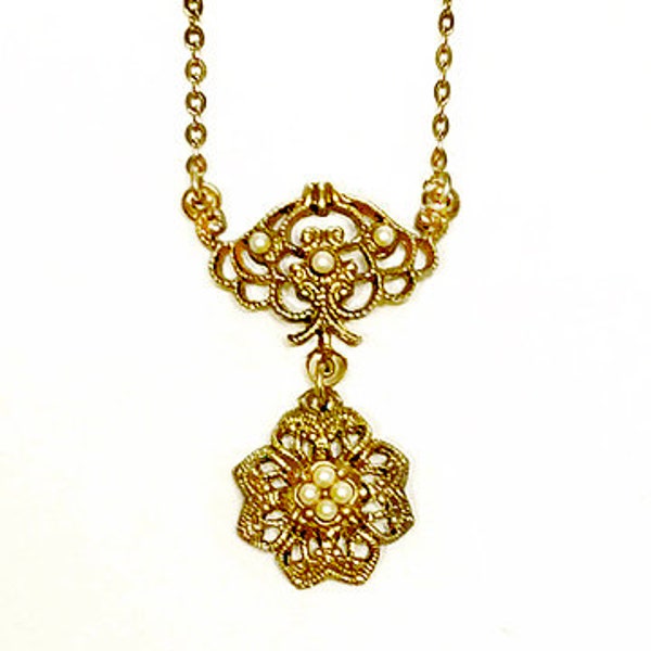 Vintage 1928 Brand  Necklace Small Faux Pearl Goldtone Pendant Necklace 1928 Brand Necklace