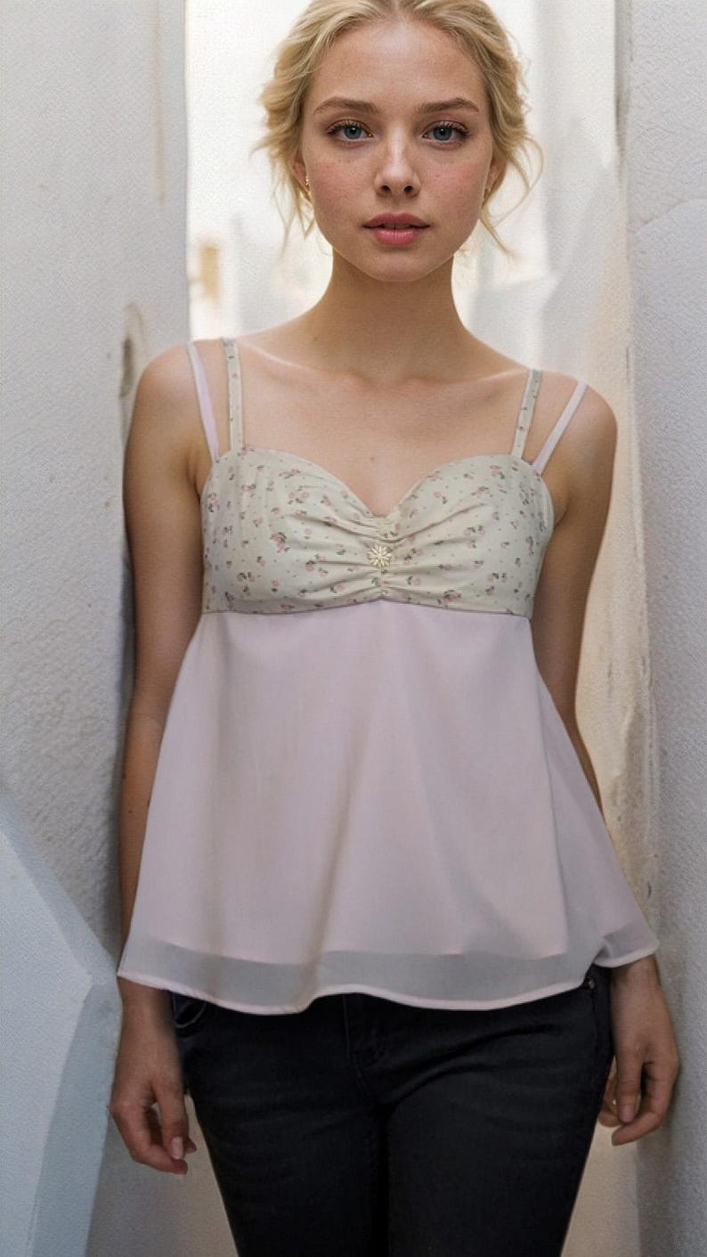 May include: A young woman wearing a pink and white floral print top with a sheer overlay. The top has thin straps and a sweetheart neckline. She is wearing black jeans.