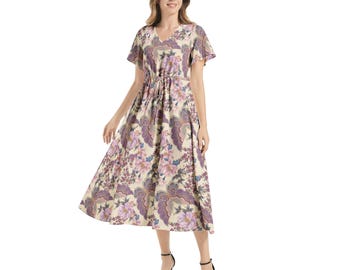 Flutter Sleeve Drawstring Waist Flared Dress