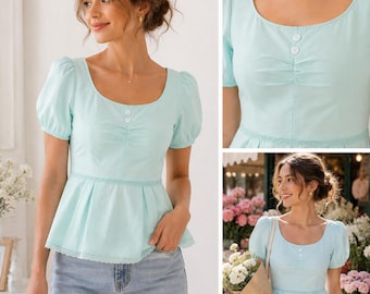 Mint Peplum Top for Women | Feminine Summer Top | Puff Sleeve Blouse | Romantic Cottagecore Top | Casual Everyday Shirt