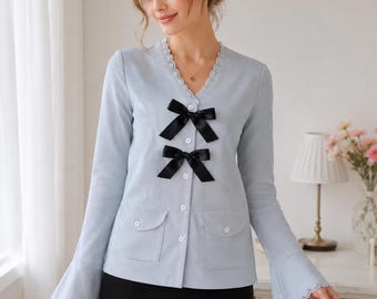 Coquette Bow Detail Jacket | Pastel Blue Cotton Twill Coat | Feminine Flared Sleeve Cardigan | Balletcore Aesthetic Outerwear