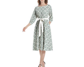 Boat Neck Belted Flared Dress