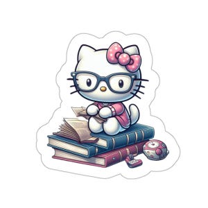 May include: A cartoon illustration of Hello Kitty wearing glasses and a pink bow, sitting on a stack of books with a small clock beside her.