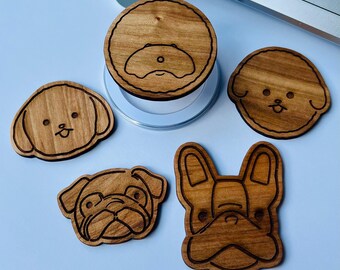 Supporto per cellulare in legno a forma di cane / Disegni di cuccioli incisi al laser / Pop Grip / Accessori per animali domestici / Bichon, Shih Tzu, Bulldog francese, Barboncino, Carlino