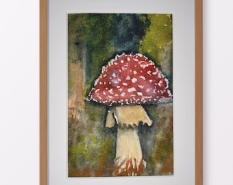 Watercolor Mushroom Painting – Red Cap Toadstool in Forest – 5x7 Matted Original Nature Art