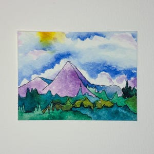 Mini impressão em aquarela do Monte Hood: Arte do nascer do sol na montanha (7,6 cm x 10,1 cm)