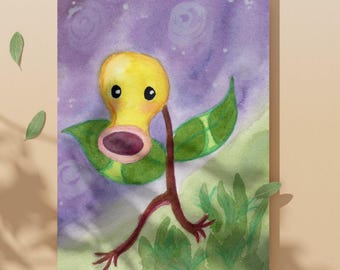 Sprinting Bellsprout Watercolor Painting - 5x7 Original Watercolor Art
