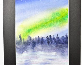 Pintura en acuarela de la aurora boreal de Alaska: paisaje ártico de la aurora boreal