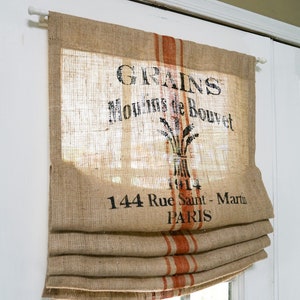 French Stamp Natural Burlap Door Curtain Valance Panel Rusty Red Stripe image 1