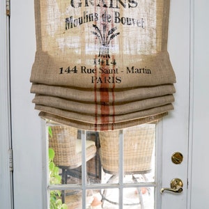 French Stamp Natural Burlap Door Curtain Valance Panel Rusty Red Stripe image 4