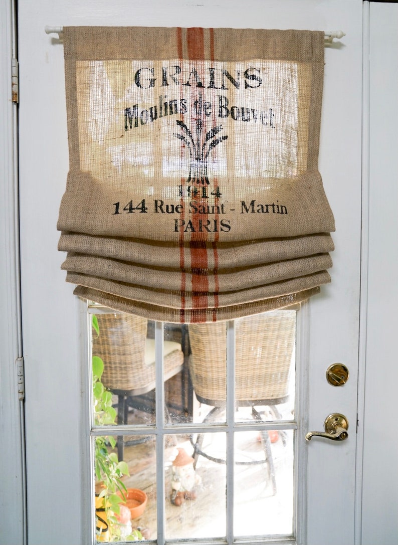 French Stamp Natural Burlap Door Curtain Valance Panel Rusty Red Stripe image 4