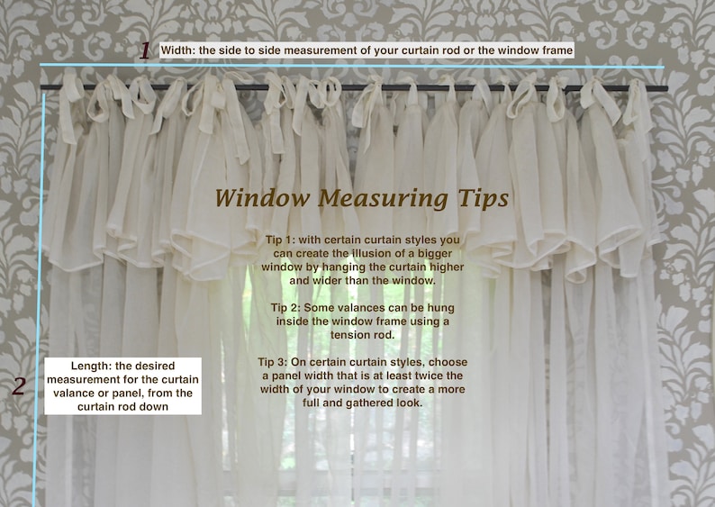 May include: A diagram with text explaining how to measure windows for curtains. The text includes tips for creating the illusion of a bigger window, hanging valances, and choosing the right panel width.