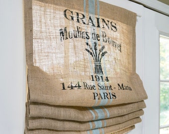 French Stamp Natural Burlap Door Curtain Valance Panel Blue Stripe