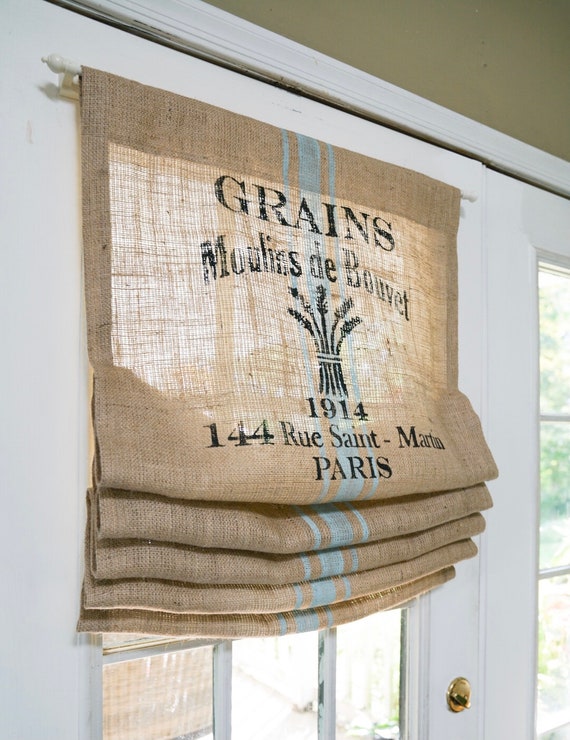 French Stamp Natural Burlap Door Curtain Valance Panel Blue Stripe