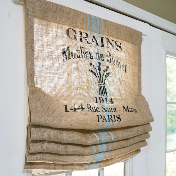 Panel de cenefa de cortina de puerta de arpillera natural con estampado francés y rayas azules