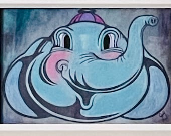 Original Art • Painting • Silly Elephant • Portrait • Illustration • One of a Kind • Retro Style