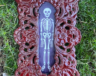 Creepy Skeleton Art: Handmade Acrylic Painting in Victorian Frame