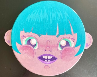 Original Kitsch Art • Teal Bob Girl Portrait, Acrylic on Wood