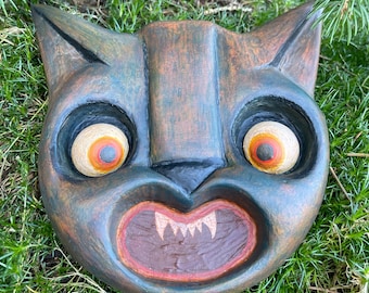 Handmade Paper Mache Scary Cat Face - Spooky Halloween Wall Hanging
