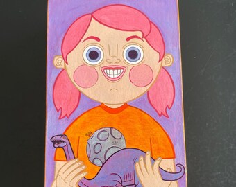 90s Kid and Brontosaurus Dinosaur Original Acrylic Painting on Wood