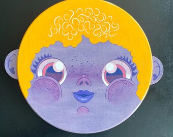 Original Acrylic Painting • Kitschy Curly Hair Girl Portrait on Wood