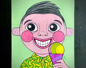 Original Snow Cone Painting: Boy with Banana Shirt, Acrylic Gouache Art