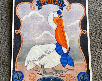 Original Pelican Painting: Nautical Sailor Hat Art, Acrylic Gouache & Watercolor