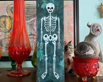 Original Art • Skeleton Painting • Vintage Rubberhose Style • Halloween Art • Acrylic Gouache and Colored Pencil on Cradle Board