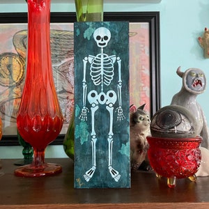 Original Art • Skeleton Painting • Vintage Rubberhose Style • Halloween Art • Acrylic Gouache and Colored Pencil on Cradle Board