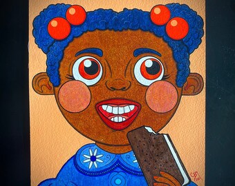 Original Girl with Ice Cream Sandwich Painting: Acrylic Gouache Art (8x10)