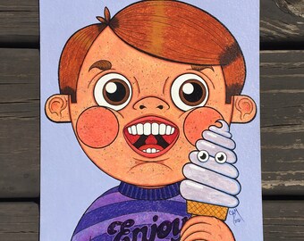Original Boy with Googly Eyes Ice Cream Painting: Retro Novelty Art