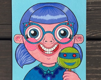 Original Girl Painting: TMNT Ice Cream, Acrylic Gouache Art (8x10)