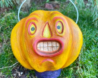 Vintage Style Paper Mache Pumpkin Candy Bucket: Handmade Halloween Decor