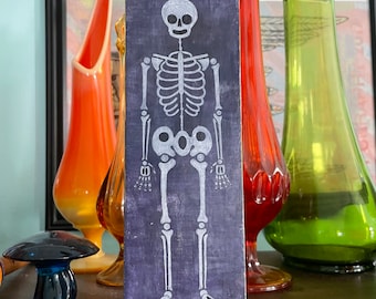 Arte originale • Pittura scheletro • Stile vintage con tubo di gomma • Arte di Halloween • Guazzo acrilico e matita colorata su supporto