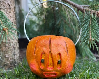 Handmade Mini Paper Mache Pumpkin Bucket: Vintage Halloween Decor