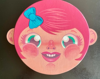Original Kitsch Art • Pink Hair Girl Portrait, Acrylic on Wood