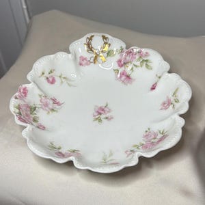 Antike Haviland & Co Limoges Porzellan Rosa Wildrosen Schüssel mit Goldkranz
