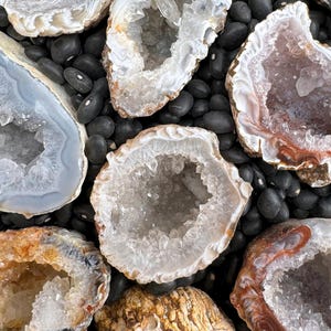 May include: A collection of open geode crystals with white, brown, and orange banding, showcasing sparkling crystal interiors. The geodes are arranged on a bed of small, black stones, creating a natural and textured display.